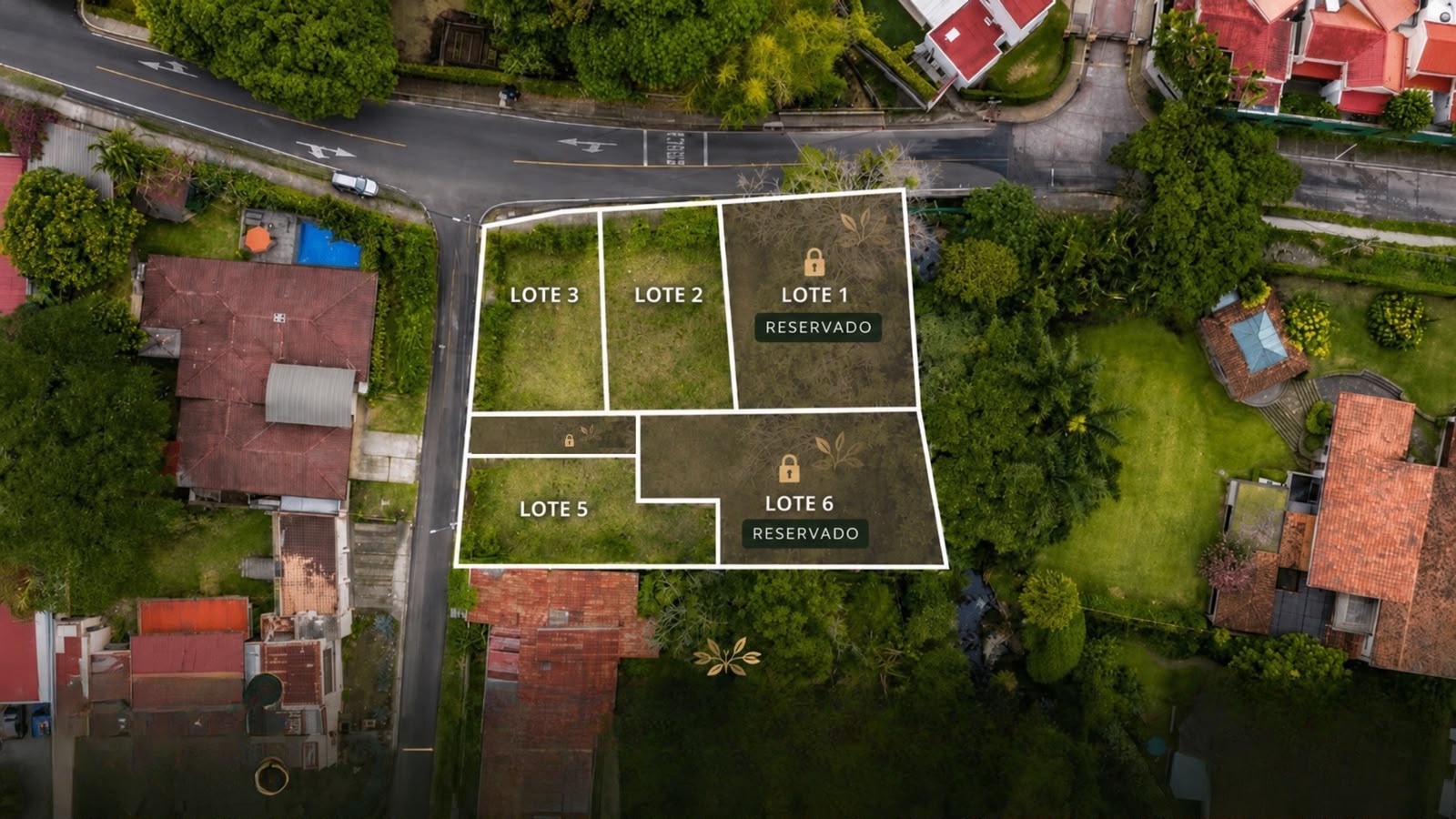 Plano de distribución de los cinco lotes en San Rafael de Escazú, con los lotes 1 y 6 reservados