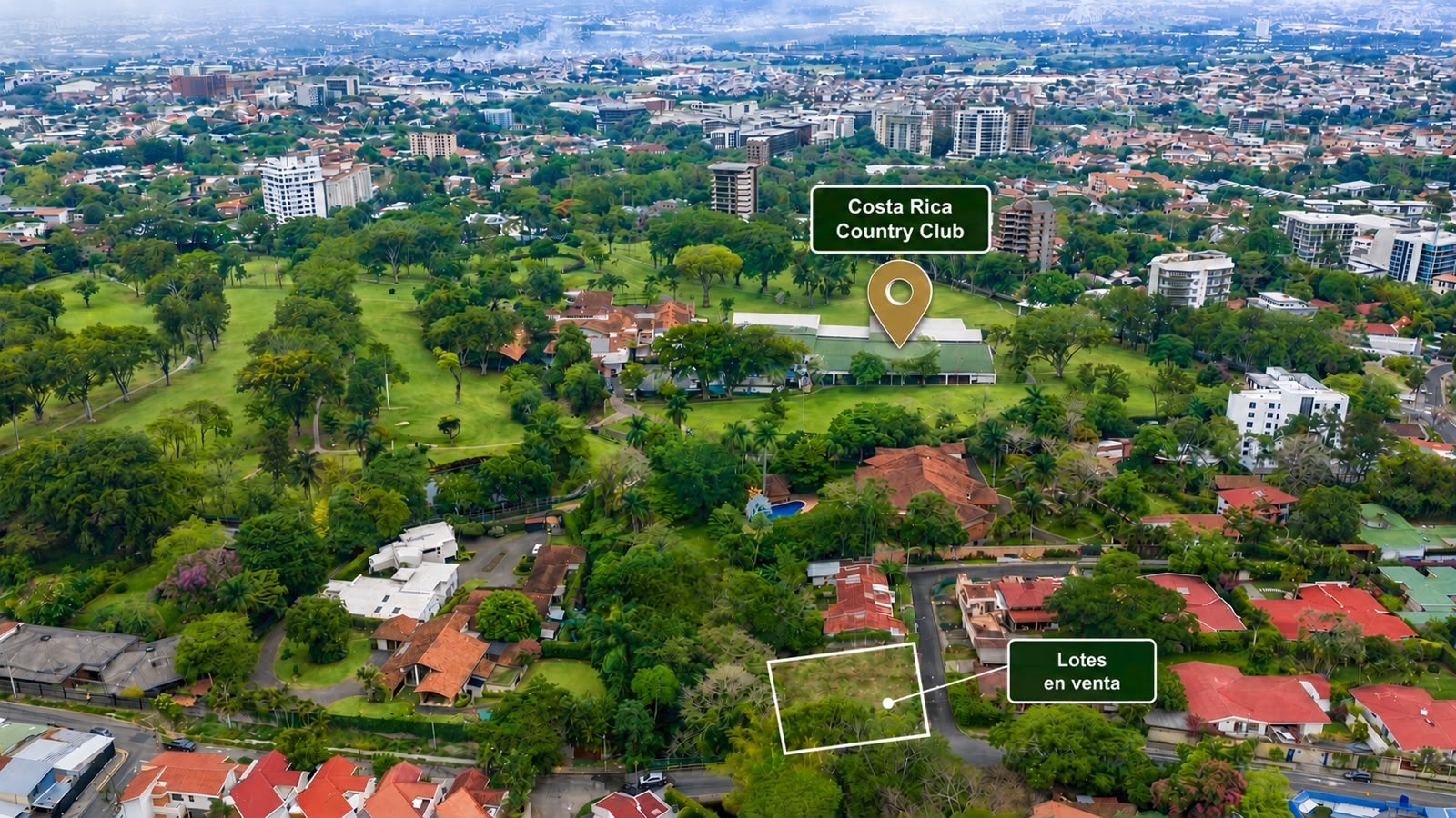 Vista aérea que ubica los lotes en venta en San Rafael de Escazú junto al Costa Rica Country Club
